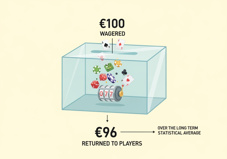 A clear and simple infographic illustrating the concept of Return to Player RTP The image shows a large transparent glass box with 100 WAGERED entering from the top Inside the box a subtle animation of various casino game symbols like slot reels cards dice suggests play Below the box 96 RETURNED TO PLAYERS exits A timeline or arrow indicates OVER THE LONG TERM or STATISTICAL AVERAGE The overall design is clean professional and easy to understand using soft positive colors