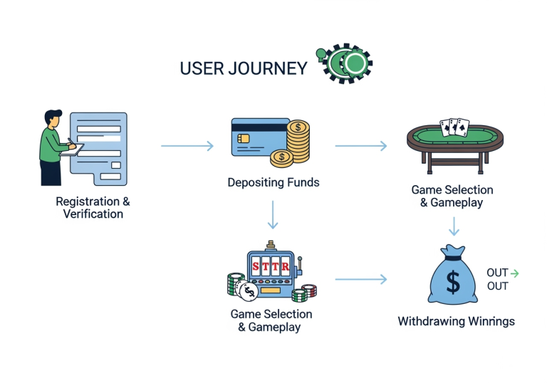 An intuitive and professional flowchart illustrating the user journey through an online casino starting with Registration Verification showing a person filling out a form flowing to Depositing Funds credit card icon and coins then Game Selection Gameplay slot machine and poker table icons and finally Withdrawing Winnings money bag and arrow out The design should be clean modern and use soft blues and greens with clear arrows connecting each step