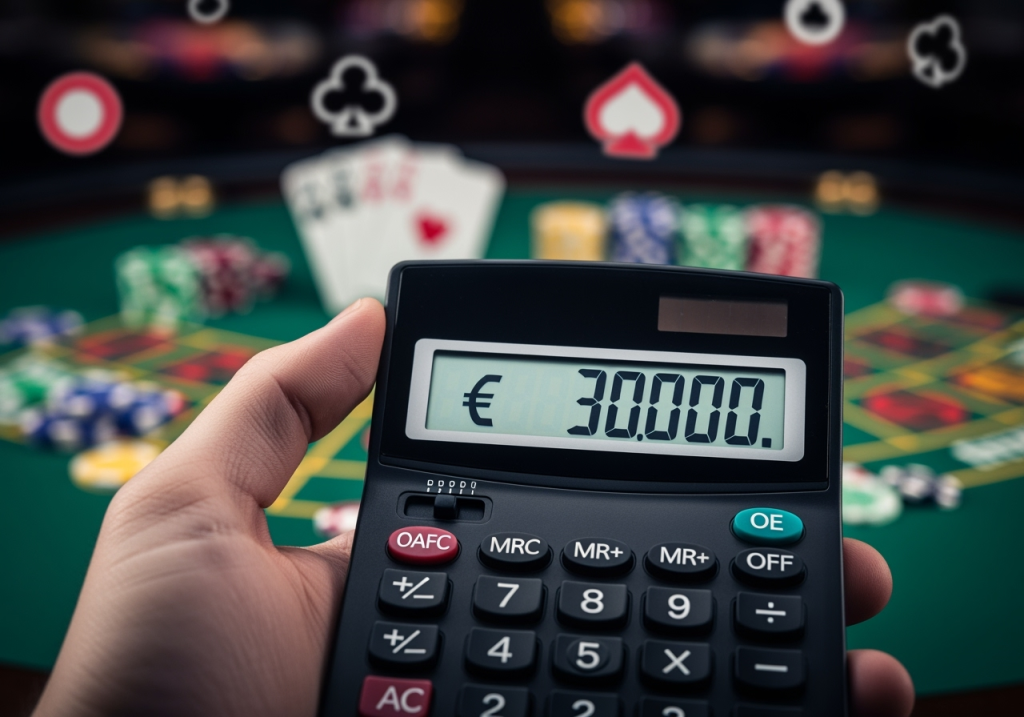 Eine Nahaufnahme einer Hand, die einen digitalen Taschenrechner benutzt, mit einem hellen Bildschirm, der 3000 anzeigt, und einem Hintergrund, der abstrakte, verschwommene Casinoelemente wie Kartensymbole und sich drehende Walzen zeigt. Der Gesamtton ist professionell und auf die Berechnung konzentriert.