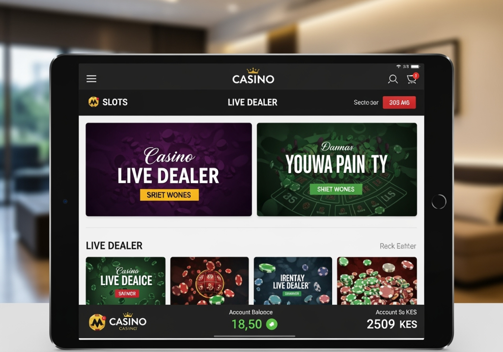 Eine lebendige, professionell aussehende digitale Benutzeroberfläche der Casino-Homepage, die auf einem eleganten Tablet angezeigt wird Der Bildschirm zeigt deutlich Spielkategorien wie Spielautomaten und Live-Dealer, prominente Werbebanner für Casino-Angebote und einen sichtbaren Kontostand, der in kenianischen Schillingen (KES) angezeigt wird Das Layout ist intuitiv und visuell ansprechend vor einem dezent verschwommenen Hintergrund einer modernen, warm getönten Einrichtung